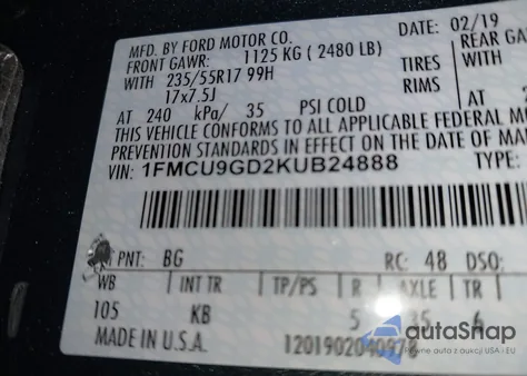 2019 Ford Escape Se from USA, damaged, VIN 1FMCU9GD2KUB24888